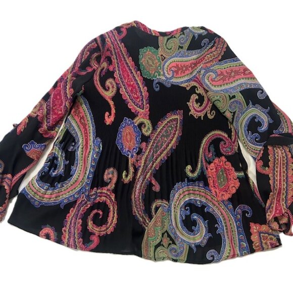 Ladies Blouse Large Black Multicolor Flared Sleeves Accordion Pleats read - Picture 2 of 8